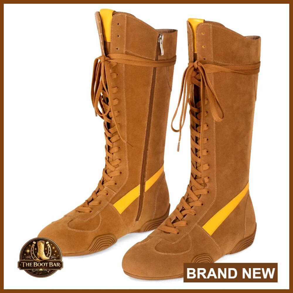 Faux Suede Knee High Lace Up Boxing Boots with Side Zipper Non-Slip Sole